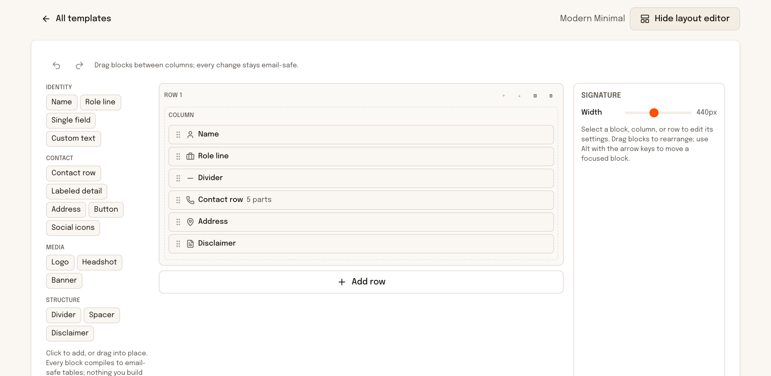 The block layout editor: a palette of blocks, the signature canvas, and an inspector