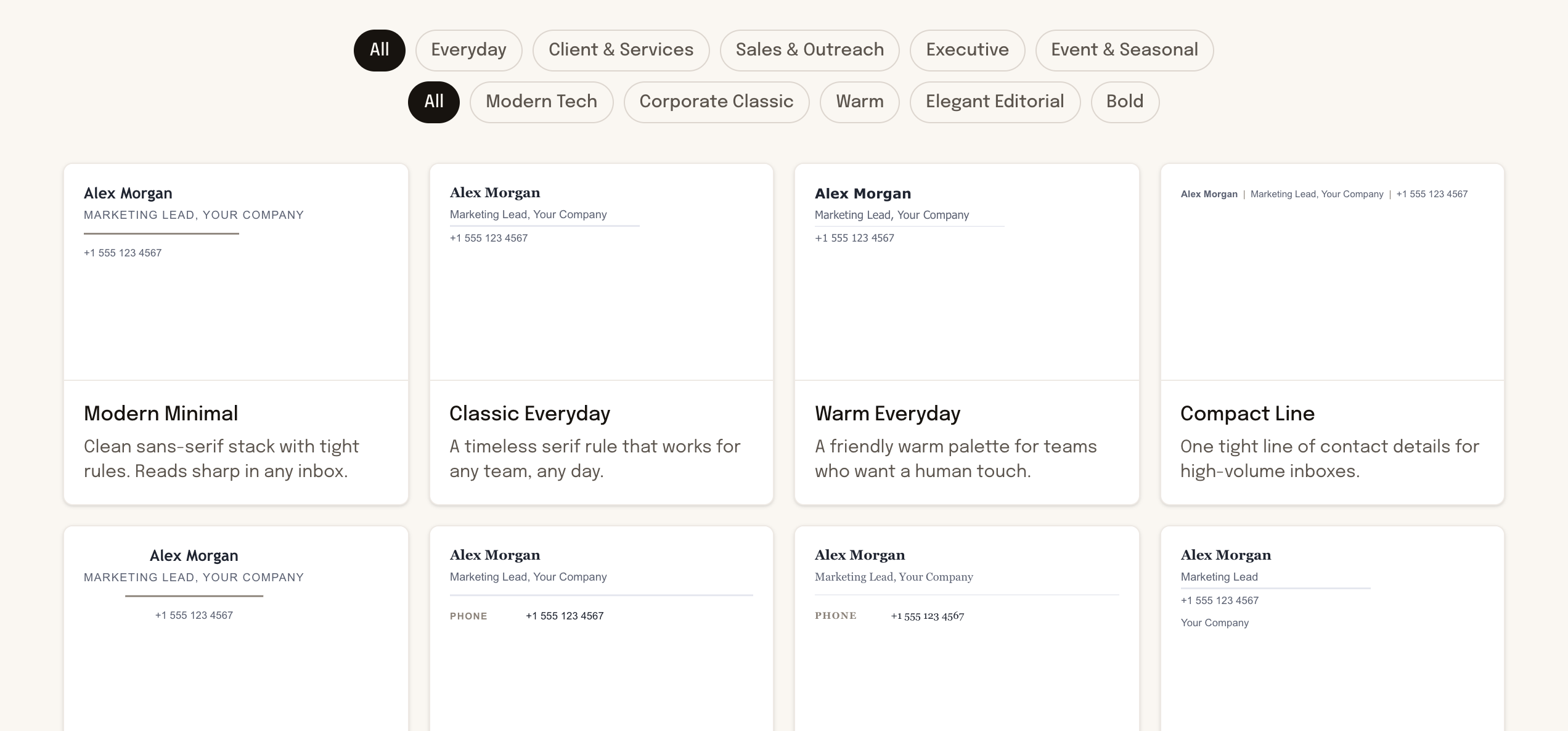 The template gallery with category and style filters